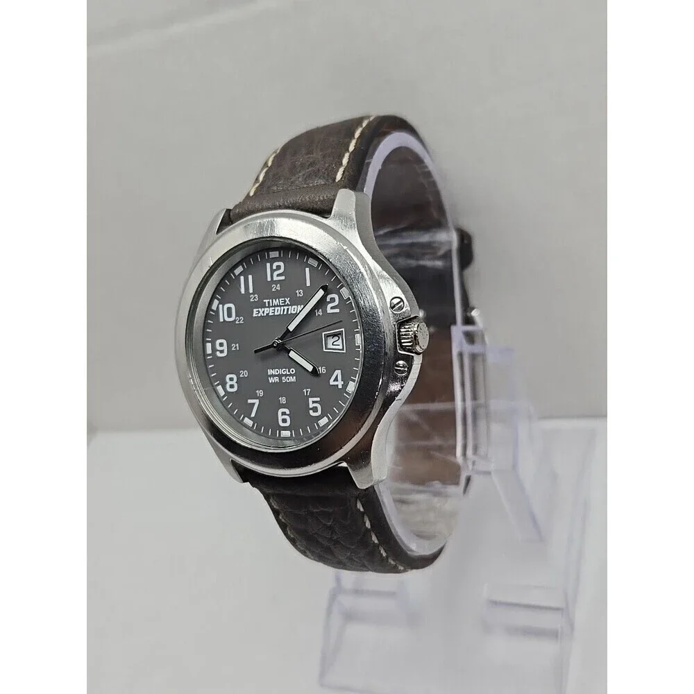 Timex Expedition Indiglo WR50M Date Field Watch Quartz New Battery Leather Strap